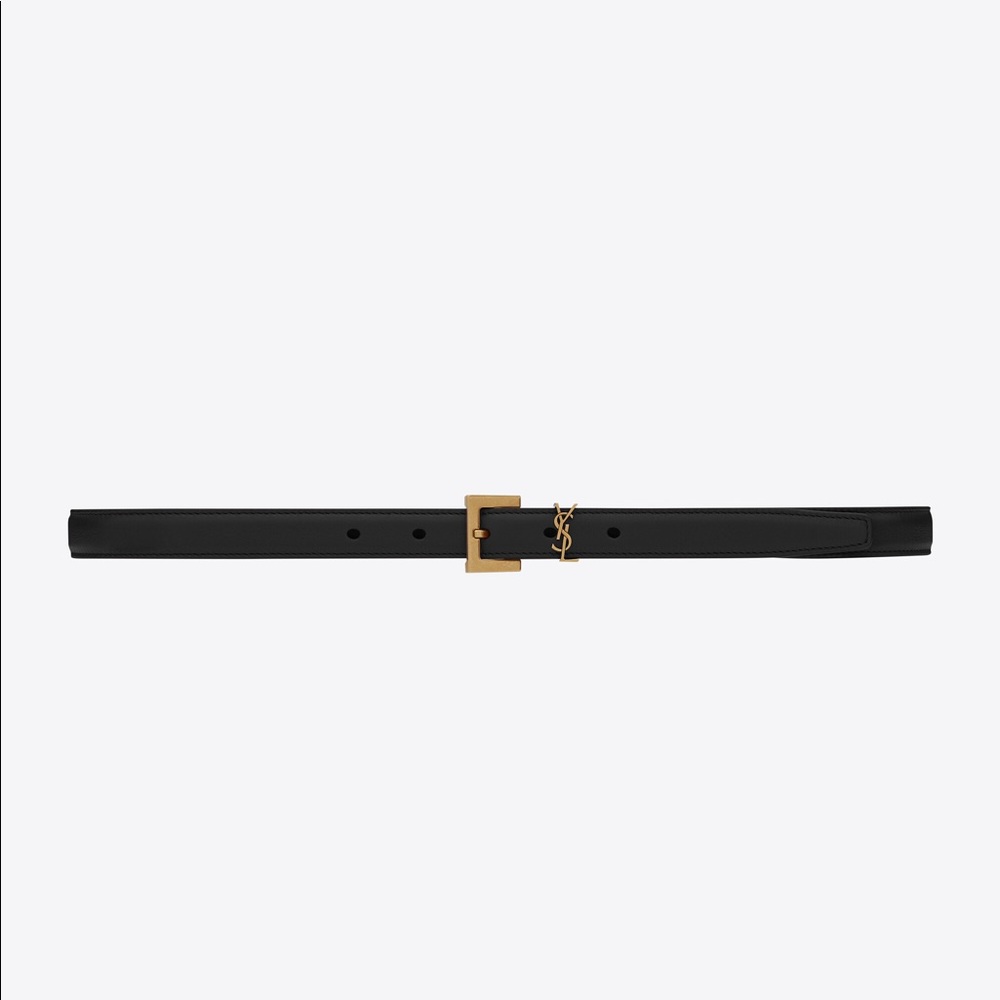 Saint Laurent”NARROW MONOGRAM BELT WITH SQUARE BUCKLE IN LACQUERED LEATHER”